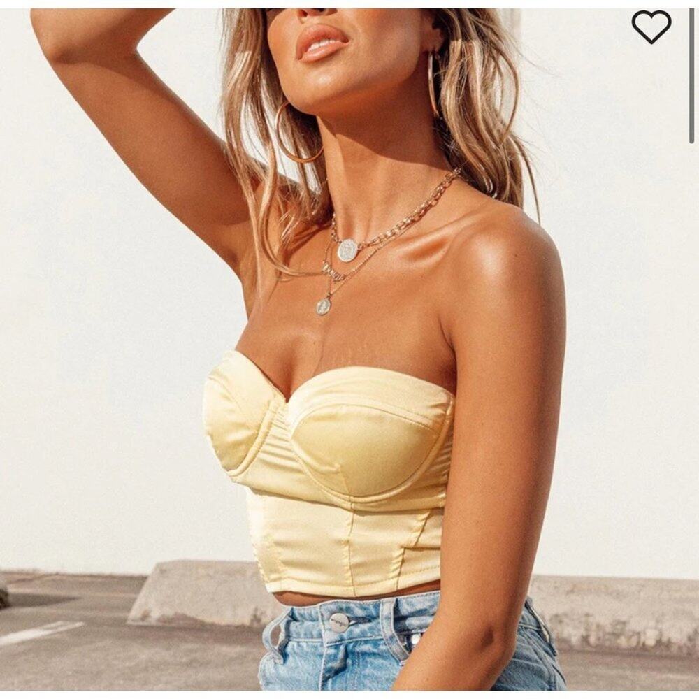 Princess Polly Koko Bustier Top Lemon Satin Corset Crop Strapless Size 2 yellow
